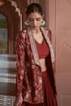 Buy_Megha Pitti_Maroon Bemberg Silk Floral Printed Jacket Lapel And Gathered Skirt Set _Online_at_Aza_Fashions