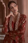 Shop_Megha Pitti_Maroon Bemberg Silk Floral Printed Jacket Lapel And Gathered Skirt Set _Online_at_Aza_Fashions