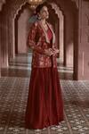 Megha Pitti_Maroon Bemberg Silk Floral Printed Jacket Lapel And Gathered Skirt Set _at_Aza_Fashions