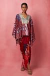 Buy_Vedika M_Multi Color Satin, Silk Sequins V-neck Abstract Print Kimono Top With Skirt _at_Aza_Fashions