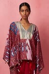 Vedika M_Multi Color Satin, Silk Sequins V-neck Abstract Print Kimono Top With Skirt _Online_at_Aza_Fashions
