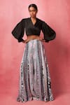 Buy_Vedika M_Multi Color Satin Embroidery, Sequins V-neck Balloon Sleeve Top With Work Pant _at_Aza_Fashions