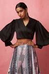 Vedika M_Multi Color Satin Embroidery, Sequins V-neck Balloon Sleeve Top With Work Pant _Online_at_Aza_Fashions
