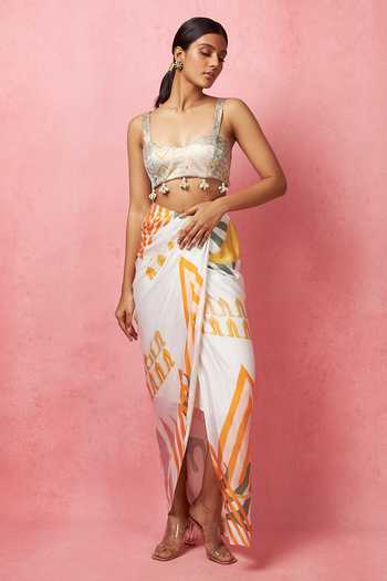 Buy_Vedika M_Multi Color Satin Sequins Sweetheart Neck Embellished Bustier With Skirt _at_Aza_Fashions