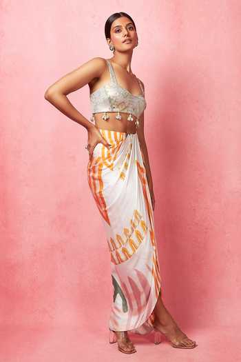Shop_Vedika M_Multi Color Satin Sequins Sweetheart Neck Embellished Bustier With Skirt _at_Aza_Fashions