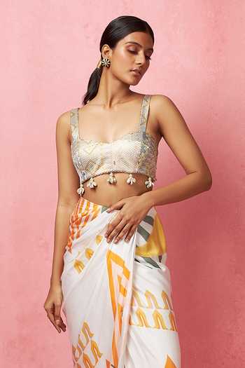 Vedika M_Multi Color Satin Sequins Sweetheart Neck Embellished Bustier With Skirt _Online_at_Aza_Fashions