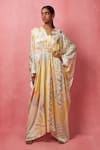 Buy_Vedika M_Multi Color Satin Embroidery V-neck Geometric Print Kaftan _at_Aza_Fashions