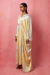 Shop_Vedika M_Multi Color Satin Embroidery V-neck Geometric Print Kaftan _Online_at_Aza_Fashions