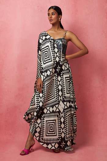 Buy_Vedika M_Multi Color Satin, Organza Sequins One Shoulder Geometric Print Flared Dress _at_Aza_Fashions