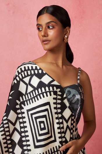 Vedika M_Multi Color Satin, Organza Sequins One Shoulder Geometric Print Flared Dress _Online_at_Aza_Fashions