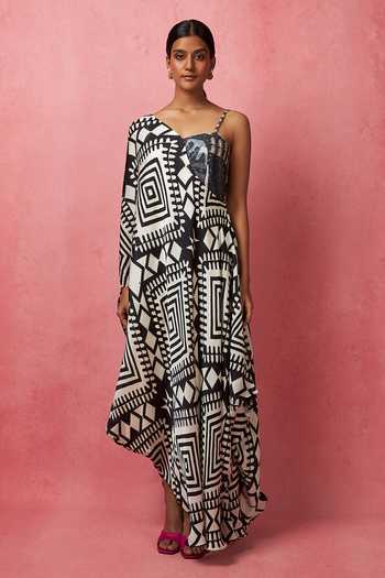 Buy_Vedika M_Multi Color Satin, Organza Sequins One Shoulder Geometric Print Flared Dress _Online_at_Aza_Fashions
