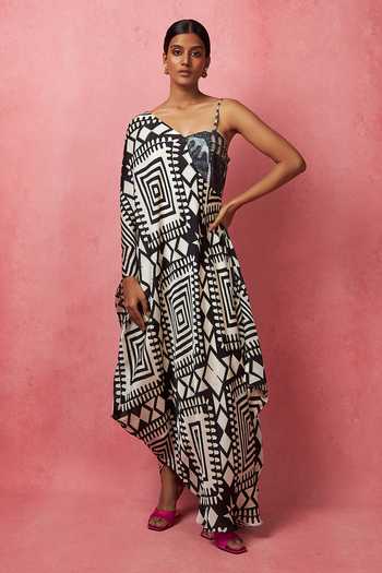 Shop_Vedika M_Multi Color Satin, Organza Sequins One Shoulder Geometric Print Flared Dress _Online_at_Aza_Fashions