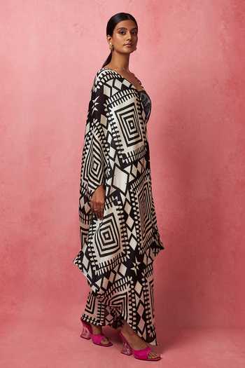 Vedika M_Multi Color Satin, Organza Sequins One Shoulder Geometric Print Flared Dress _at_Aza_Fashions