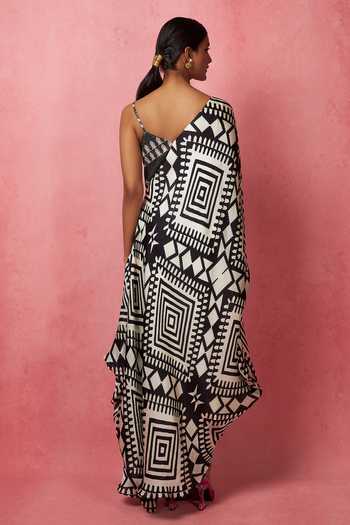 Shop_Vedika M_Multi Color Satin, Organza Sequins One Shoulder Geometric Print Flared Dress _at_Aza_Fashions