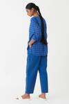 Shop_Three_Blue Handloom , Round Neck Checkered Pattern Shirt And Pant Set_at_Aza_Fashions
