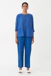 Three_Blue Handloom , Round Neck Checkered Pattern Shirt And Pant Set_Online_at_Aza_Fashions