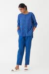 Buy_Three_Blue Handloom , Round Neck Checkered Pattern Shirt And Pant Set_Online_at_Aza_Fashions