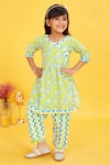 Buy_Maaikid_Lime Cotton Floral Vine Print Kurta And Chevron Pant Set _at_Aza_Fashions