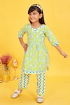 Maaikid_Lime Cotton Floral Vine Print Kurta And Chevron Pant Set _Online_at_Aza_Fashions
