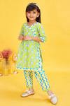 Shop_Maaikid_Lime Cotton Floral Vine Print Kurta And Chevron Pant Set _Online_at_Aza_Fashions