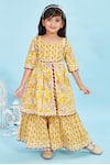 Buy_Maaikid_Yellow Cotton Piping Floral Print Front Slit Kurta And Sharara Set _at_Aza_Fashions