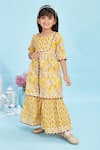 Maaikid_Yellow Cotton Piping Floral Print Front Slit Kurta And Sharara Set _Online_at_Aza_Fashions