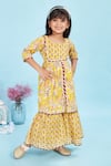 Shop_Maaikid_Yellow Cotton Piping Floral Print Front Slit Kurta And Sharara Set _Online_at_Aza_Fashions