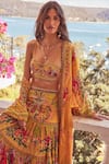 Zariaah_Yellow Viscose Silk Hand Embellished Print Skirt Set With Long Robe _Online_at_Aza_Fashions