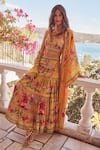 Buy_Zariaah_Yellow Viscose Silk Hand Embellished Print Skirt Set With Long Robe _at_Aza_Fashions