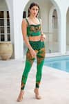 Zariaah_Green Viscose, Silk, Spandex Crystals, Wild Leopard Print Bustier With Leggings _Online_at_Aza_Fashions