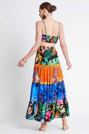 Shop_Zariaah_Multi Color Viscose, Silk Crystals Tropical Floral Print Bustier And Skirt Set _at_Aza_Fashions