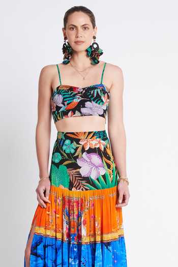 Zariaah_Multi Color Viscose, Silk Crystals Tropical Floral Print Bustier And Skirt Set _Online_at_Aza_Fashions