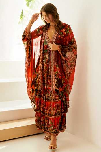 Buy_Zariaah_Red Rouge Leopard Print Cape _at_Aza_Fashions