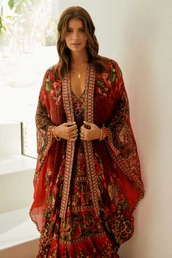 Zariaah_Red Rouge Leopard Print Cape _Online_at_Aza_Fashions