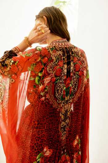 Shop_Zariaah_Red Rouge Leopard Print Cape _at_Aza_Fashions