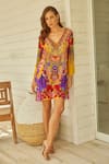 Buy_Zariaah_Yellow Viscose, Silk Embroidery, Stones V-neck Tropical Floral Print Tunic _at_Aza_Fashions