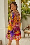Zariaah_Yellow Viscose, Silk Embroidery, Stones V-neck Tropical Floral Print Tunic _Online_at_Aza_Fashions