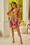 Shop_Zariaah_Yellow Viscose, Silk Embroidery, Stones V-neck Tropical Floral Print Tunic _Online_at_Aza_Fashions