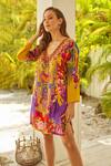 Zariaah_Yellow Viscose, Silk Embroidery, Stones V-neck Tropical Floral Print Tunic _at_Aza_Fashions