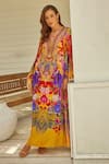 Zariaah_Yellow Viscose Silk Floral Printed V-neck Tropical Dress  _Online_at_Aza_Fashions