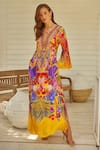 Shop_Zariaah_Yellow Viscose Silk Floral Printed V-neck Tropical Dress  _Online_at_Aza_Fashions