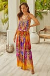 Zariaah_Yellow Viscose Silk Floral Printed Round Tropical Jumpsuit  _Online_at_Aza_Fashions