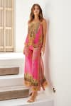 Zariaah_Pink Viscose, Silk Stones V-neck Princess Leopard Print Top With Pant _at_Aza_Fashions