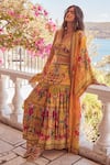 Shop_Zariaah_Yellow Viscose Silk Printed Summer Garden Open Cape  _Online_at_Aza_Fashions