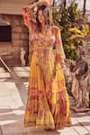 Buy_Zariaah_Yellow Chiffon Printed Summer Garden Deep V Neck Maxi Dress  _at_Aza_Fashions