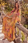 Zariaah_Yellow Chiffon Printed Summer Garden Deep V Neck Maxi Dress  _Online_at_Aza_Fashions