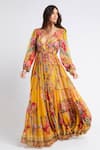 Shop_Zariaah_Yellow Chiffon Printed Summer Garden Deep V Neck Maxi Dress  _Online_at_Aza_Fashions