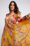 Zariaah_Yellow Chiffon Printed Summer Garden Deep V Neck Maxi Dress  _at_Aza_Fashions