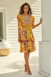 Buy_Zariaah_Yellow Viscose Silk Printed Summer Garden Deep V Multi-layered Dress  _at_Aza_Fashions