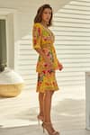 Zariaah_Yellow Viscose Silk Printed Summer Garden Deep V Multi-layered Dress  _Online_at_Aza_Fashions